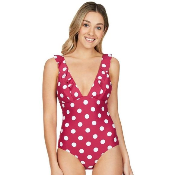 SEA LEVEL Frill One Piece Swimsuit Pink Polka Dot Print 10 NEW - Picture 2 of 8